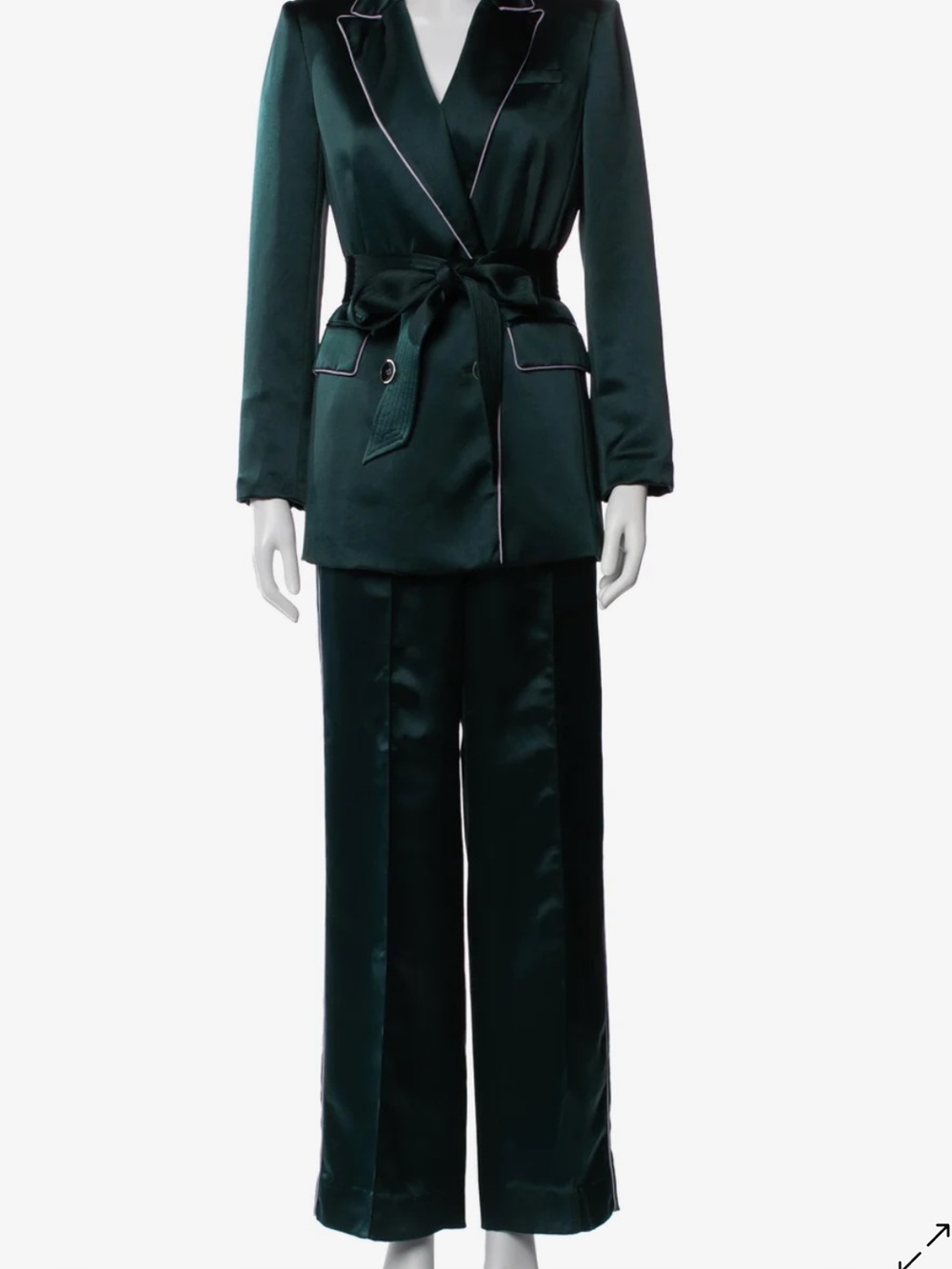 Veronica Beard Dark Green Satin Belted Blazer with Contrast Piping